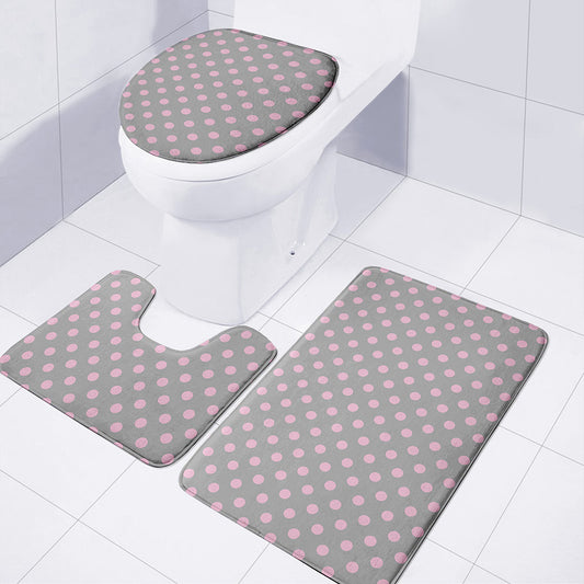 Grey And Pink Polka Dot Pattern Print 3 Piece Bath Mat Set