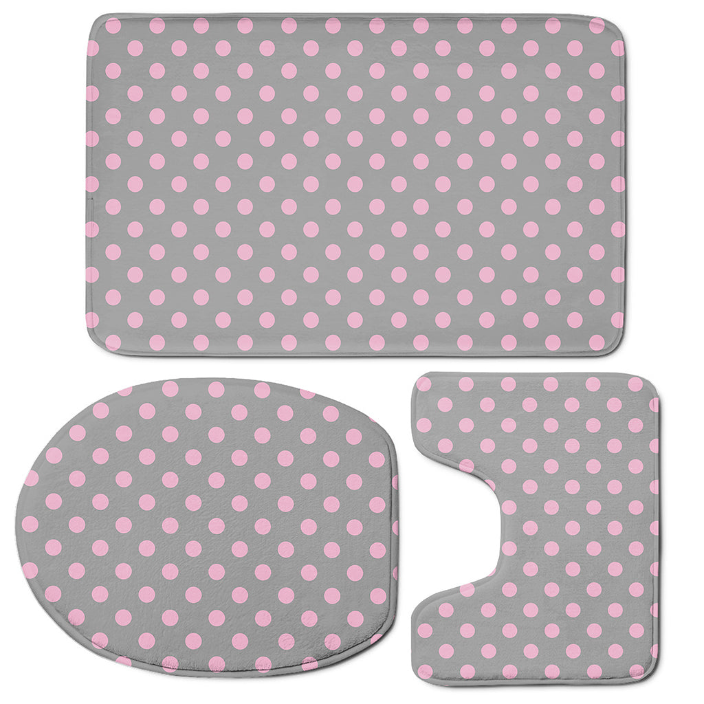 Grey And Pink Polka Dot Pattern Print 3 Piece Bath Mat Set