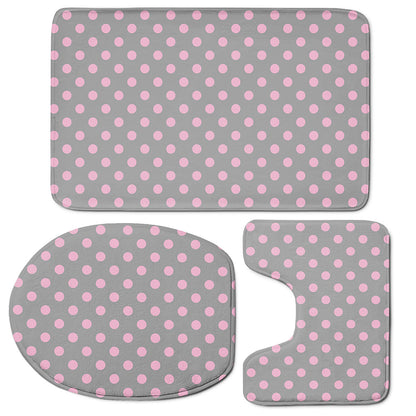 Grey And Pink Polka Dot Pattern Print 3 Piece Bath Mat Set
