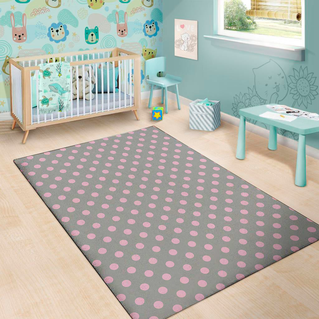 Grey And Pink Polka Dot Pattern Print Area Rug