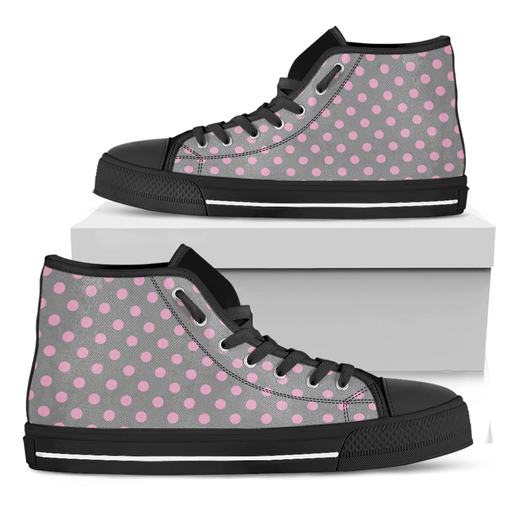 Grey And Pink Polka Dot Pattern Print Black High Top Shoes