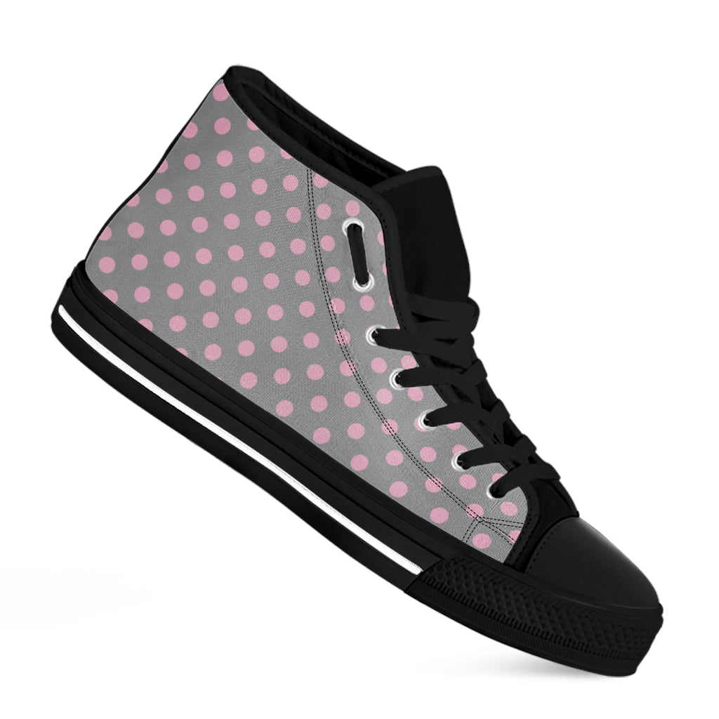 Grey And Pink Polka Dot Pattern Print Black High Top Shoes