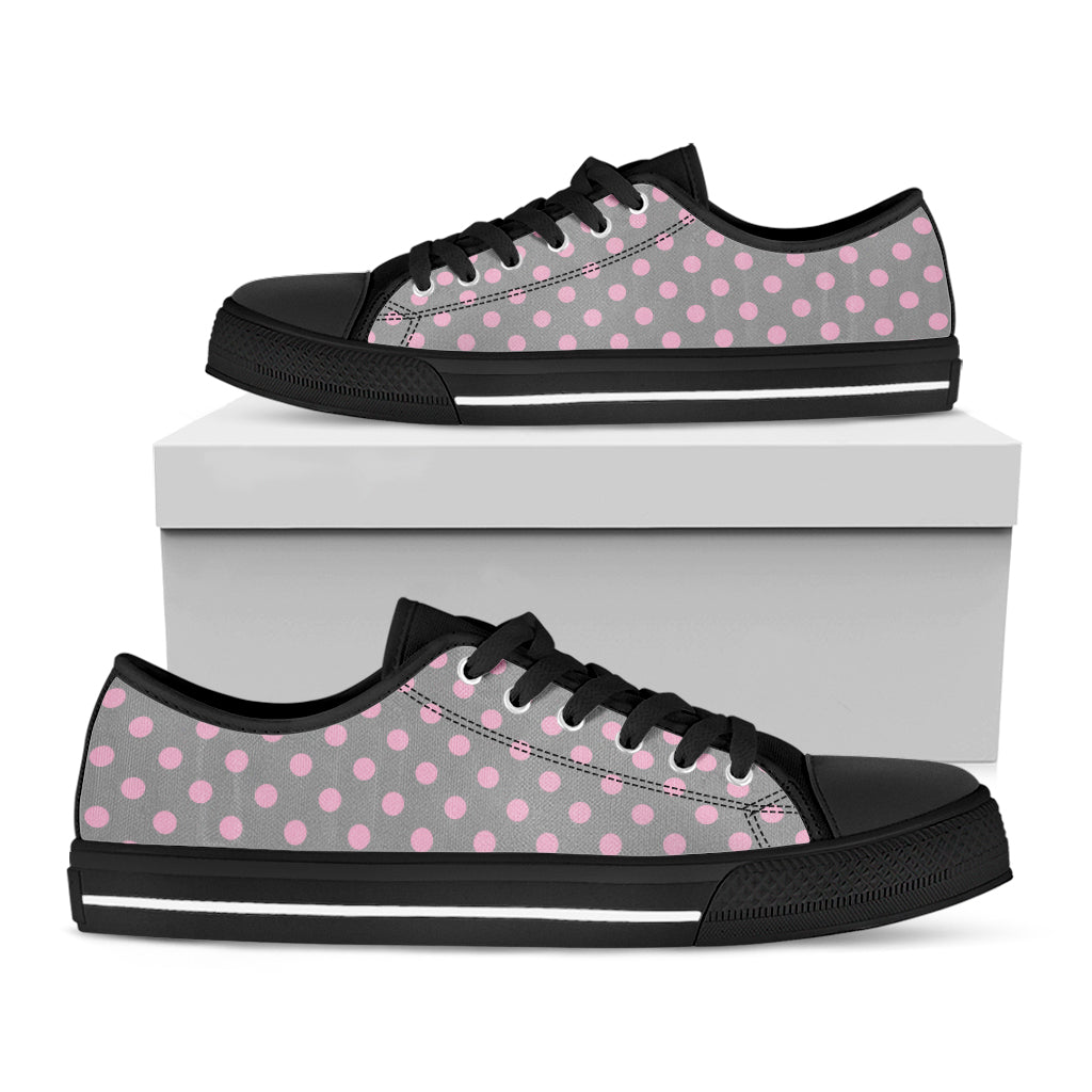Grey And Pink Polka Dot Pattern Print Black Low Top Shoes