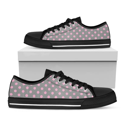 Grey And Pink Polka Dot Pattern Print Black Low Top Shoes