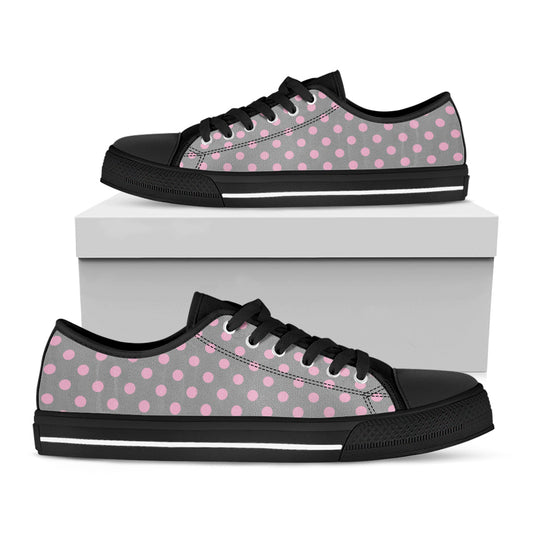 Grey And Pink Polka Dot Pattern Print Black Low Top Shoes