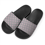 Grey And Pink Polka Dot Pattern Print Black Slide Sandals