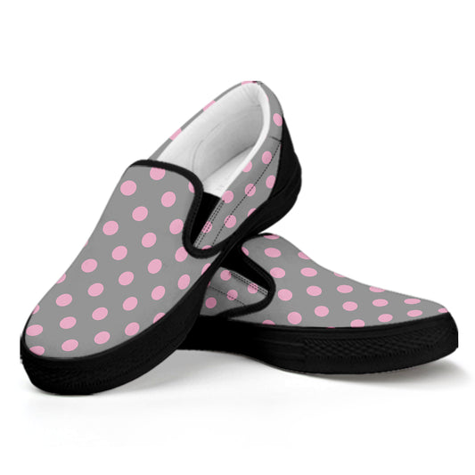 Grey And Pink Polka Dot Pattern Print Black Slip On Shoes