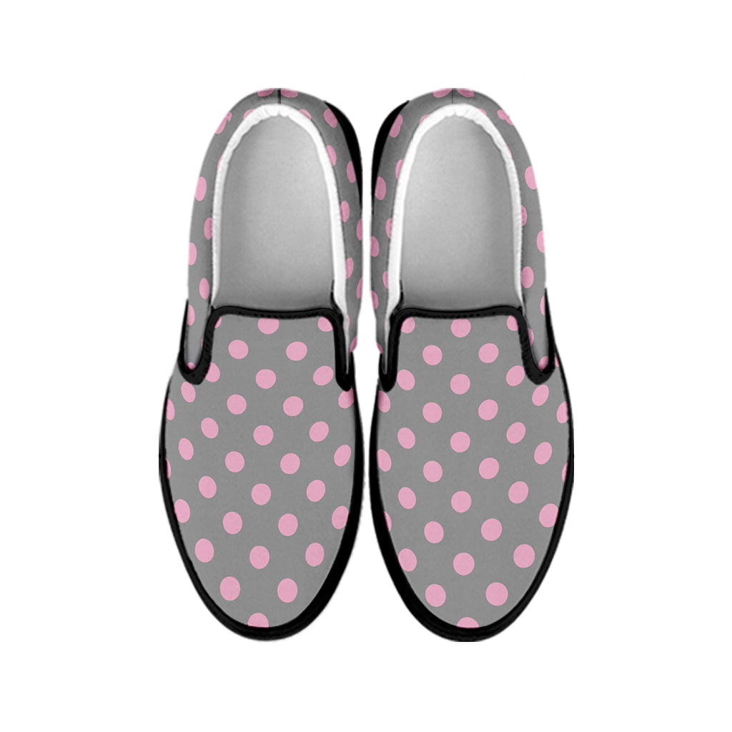 Grey And Pink Polka Dot Pattern Print Black Slip On Shoes