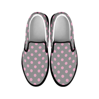Grey And Pink Polka Dot Pattern Print Black Slip On Shoes