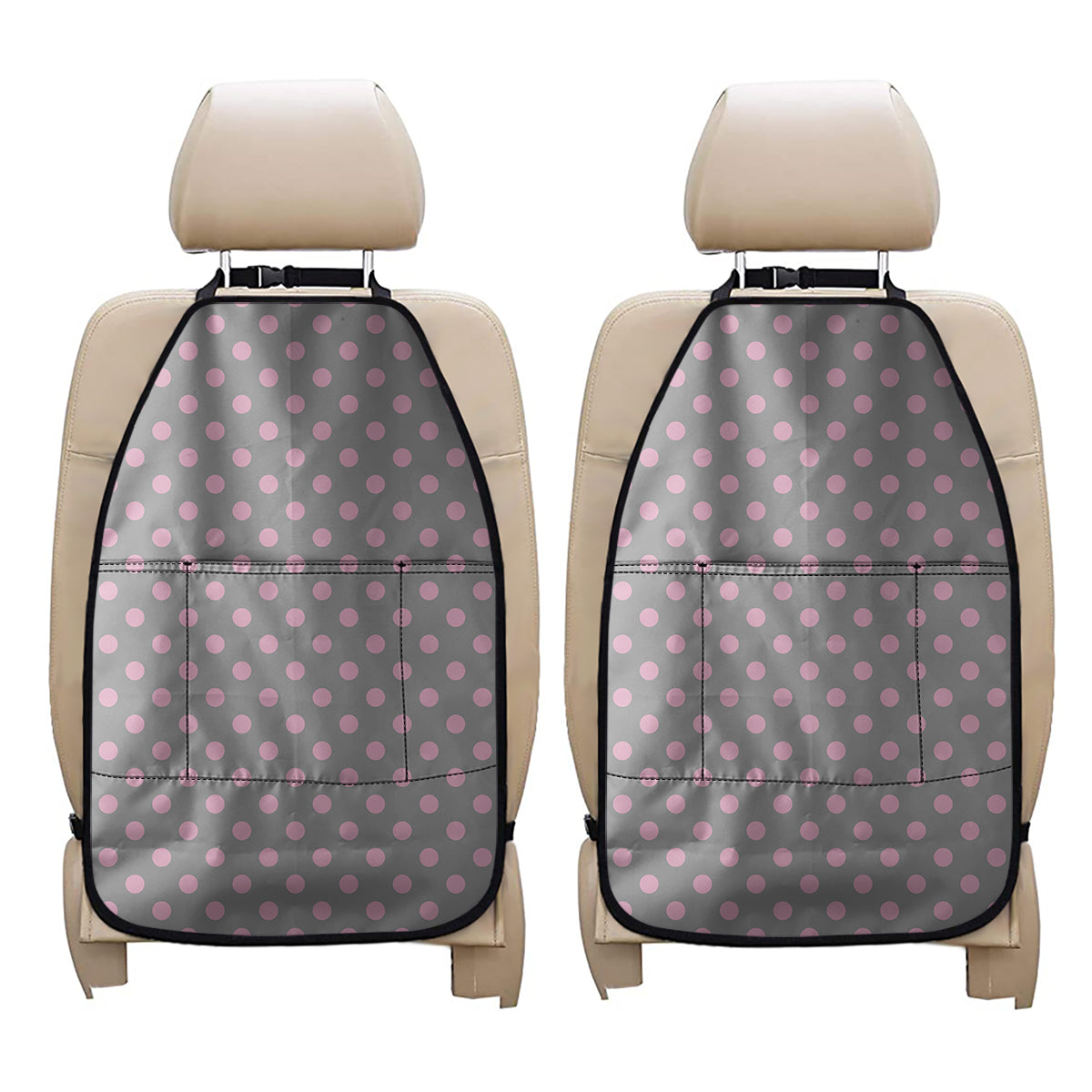 Grey And Pink Polka Dot Pattern Print Car Seat Organizers