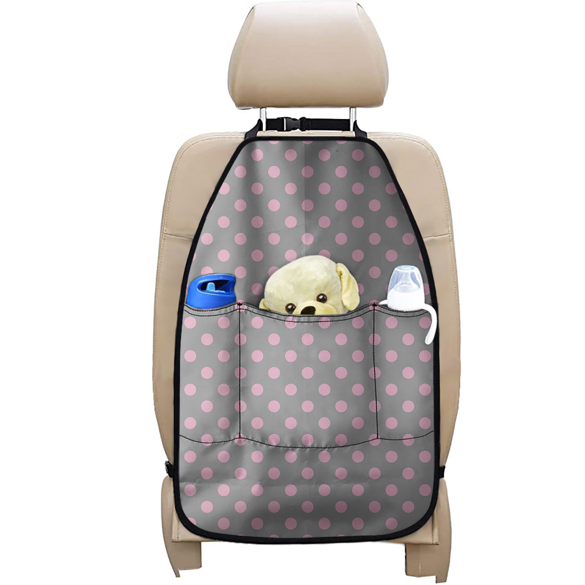 Grey And Pink Polka Dot Pattern Print Car Seat Organizers