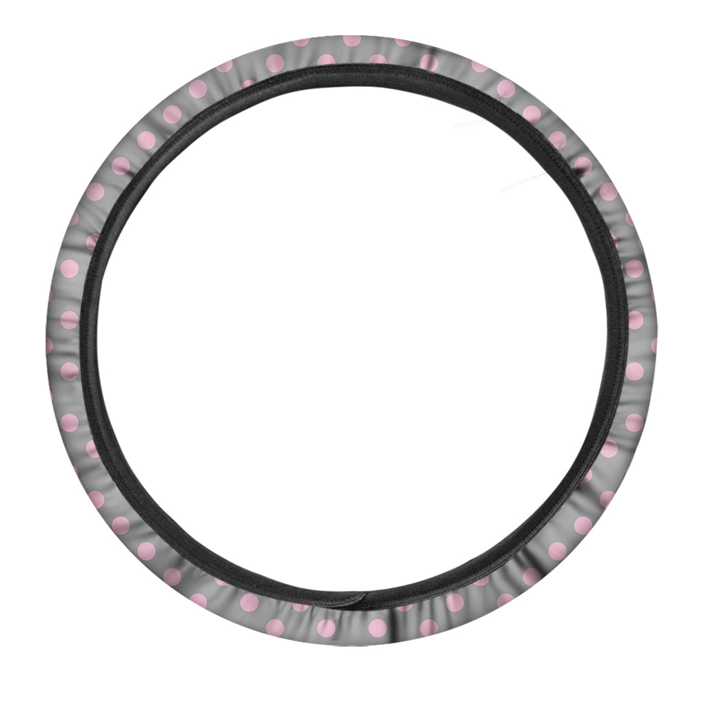 Grey And Pink Polka Dot Pattern Print Car Steering Wheel Cover