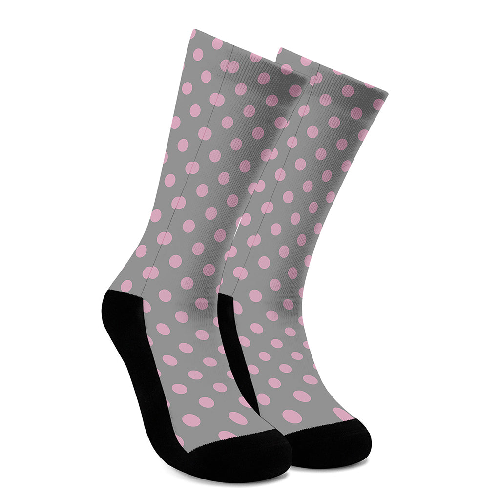 Grey And Pink Polka Dot Pattern Print Crew Socks