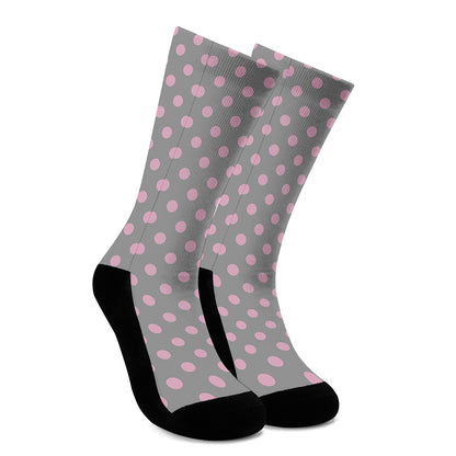 Grey And Pink Polka Dot Pattern Print Crew Socks