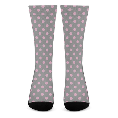 Grey And Pink Polka Dot Pattern Print Crew Socks