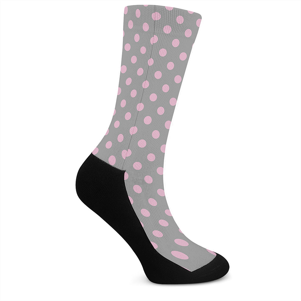 Grey And Pink Polka Dot Pattern Print Crew Socks