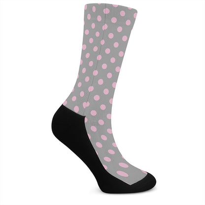 Grey And Pink Polka Dot Pattern Print Crew Socks