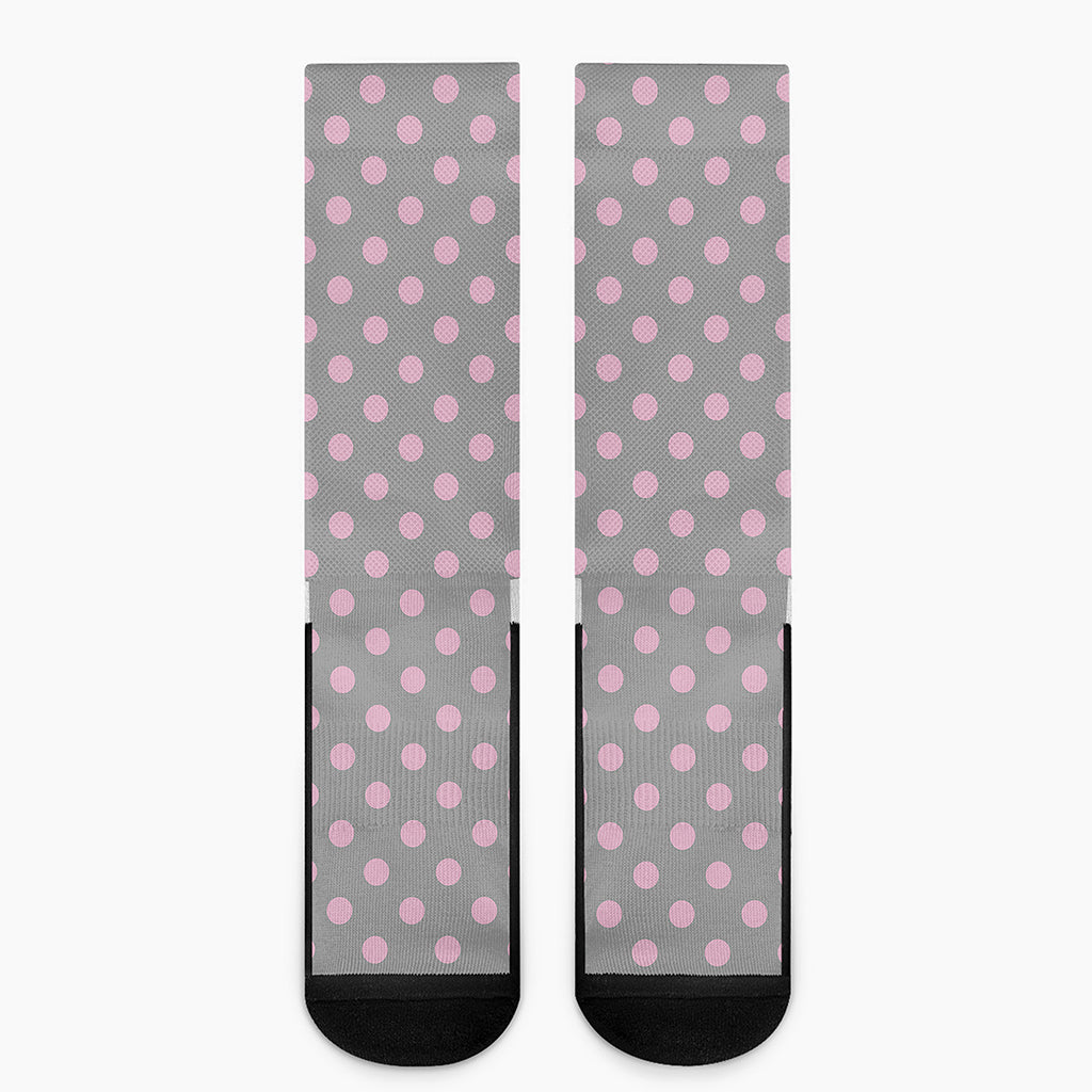 Grey And Pink Polka Dot Pattern Print Crew Socks
