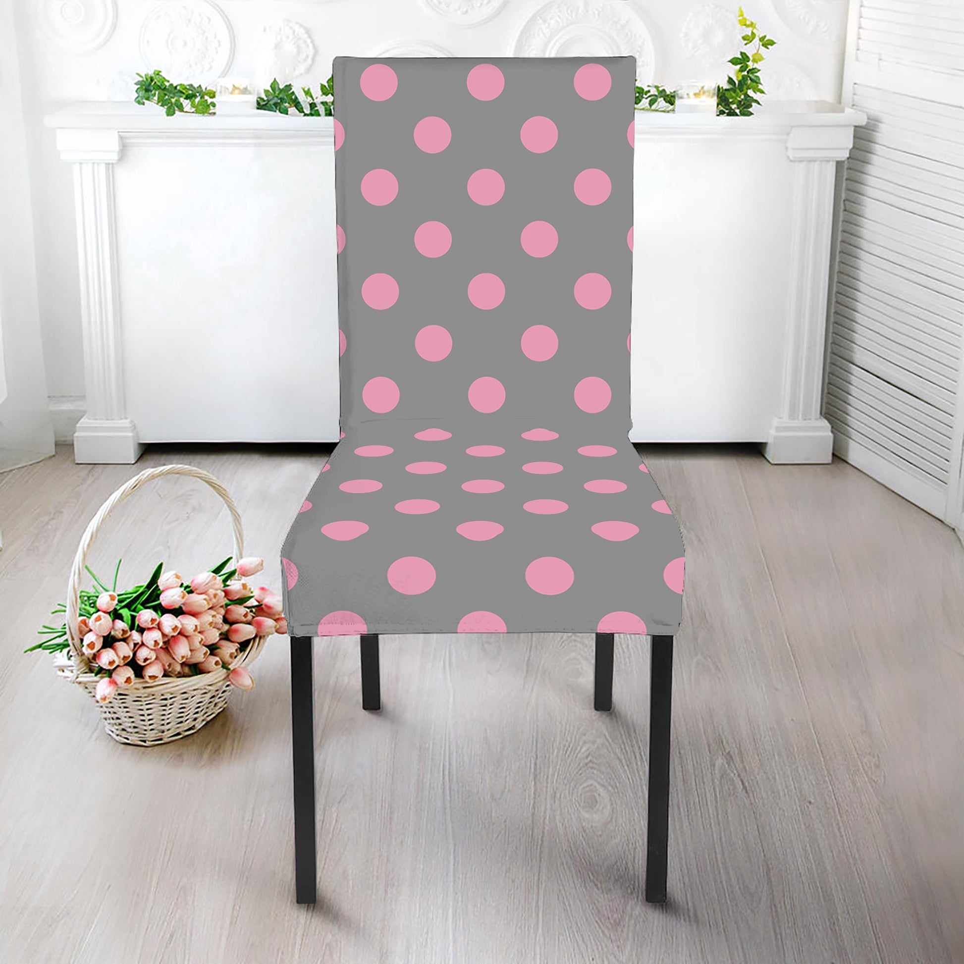 Grey And Pink Polka Dot Pattern Print Dining Chair Slipcover