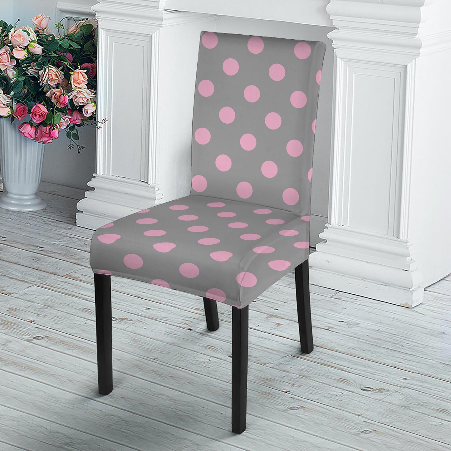 Grey And Pink Polka Dot Pattern Print Dining Chair Slipcover