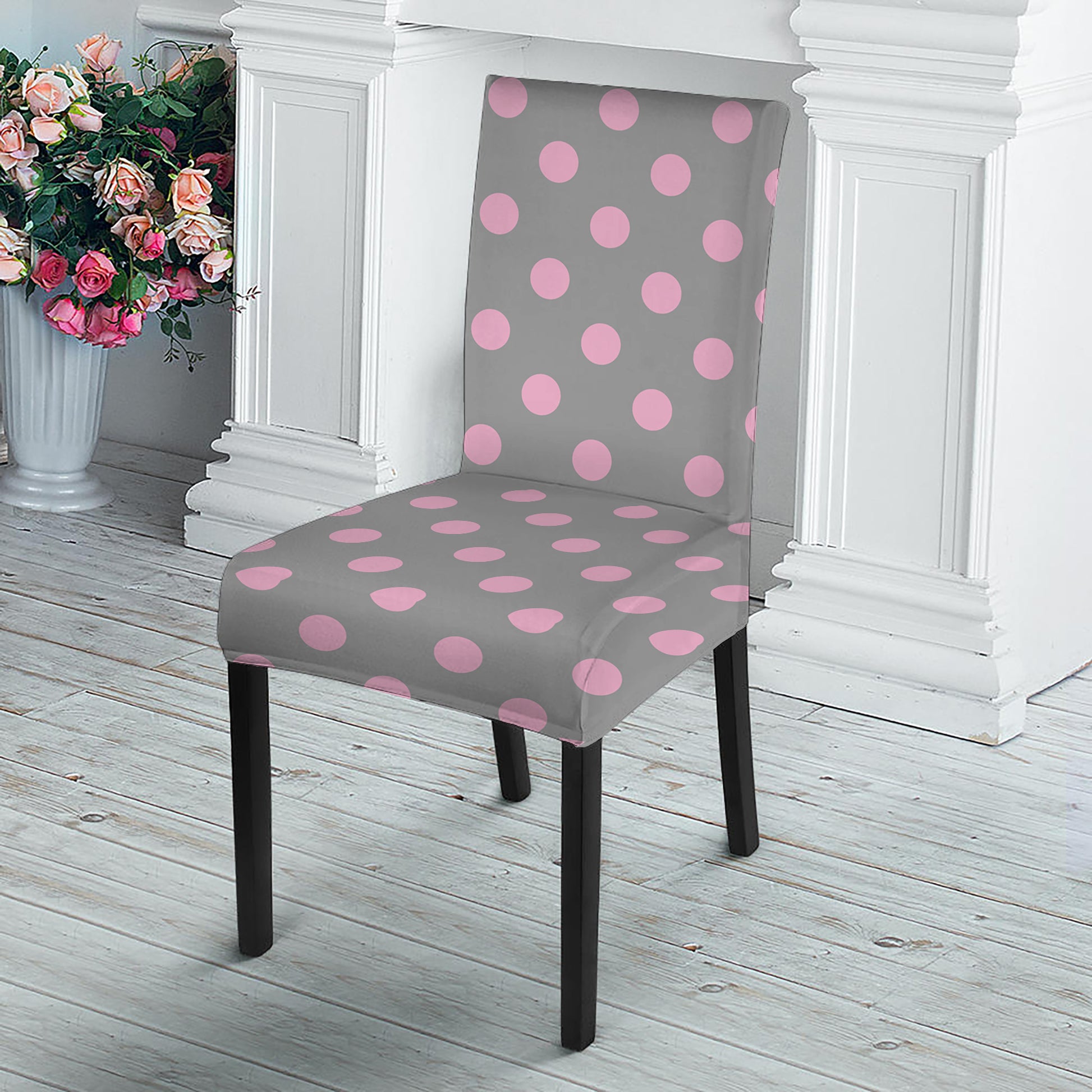 Grey And Pink Polka Dot Pattern Print Dining Chair Slipcover