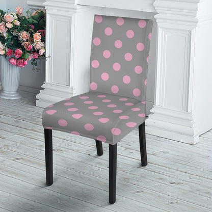 Grey And Pink Polka Dot Pattern Print Dining Chair Slipcover