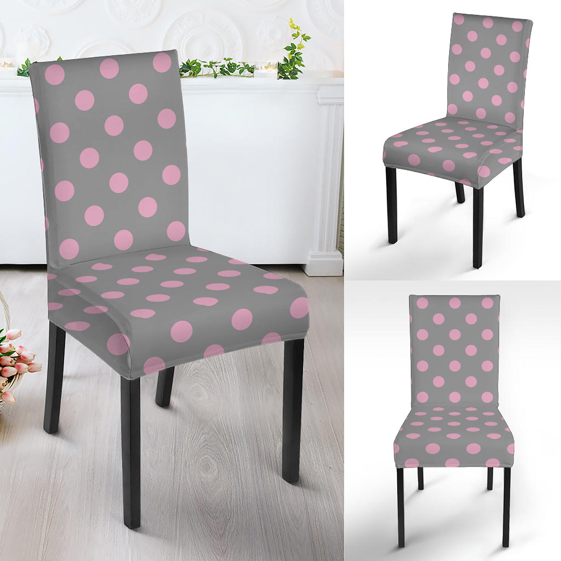 Grey And Pink Polka Dot Pattern Print Dining Chair Slipcover