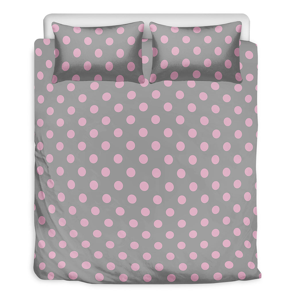 Grey And Pink Polka Dot Pattern Print Duvet Cover Bedding Set