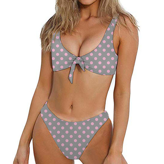 Grey And Pink Polka Dot Pattern Print Front Bow Tie Bikini