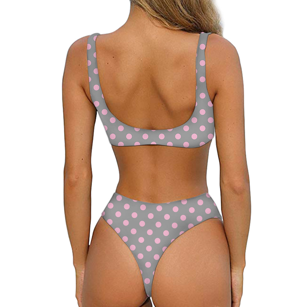 Grey And Pink Polka Dot Pattern Print Front Bow Tie Bikini