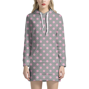 Grey And Pink Polka Dot Pattern Print Hoodie Dress