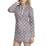 Grey And Pink Polka Dot Pattern Print Hoodie Dress