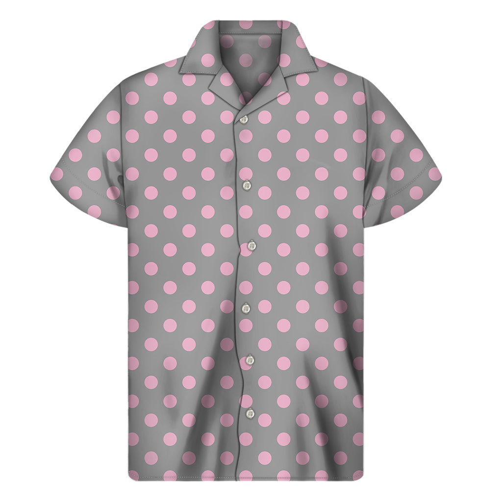 Grey And Pink Polka Dot Pattern Print Men's Short Sleeve Shirt