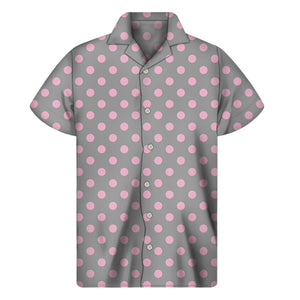 Grey And Pink Polka Dot Pattern Print Men's Short Sleeve Shirt