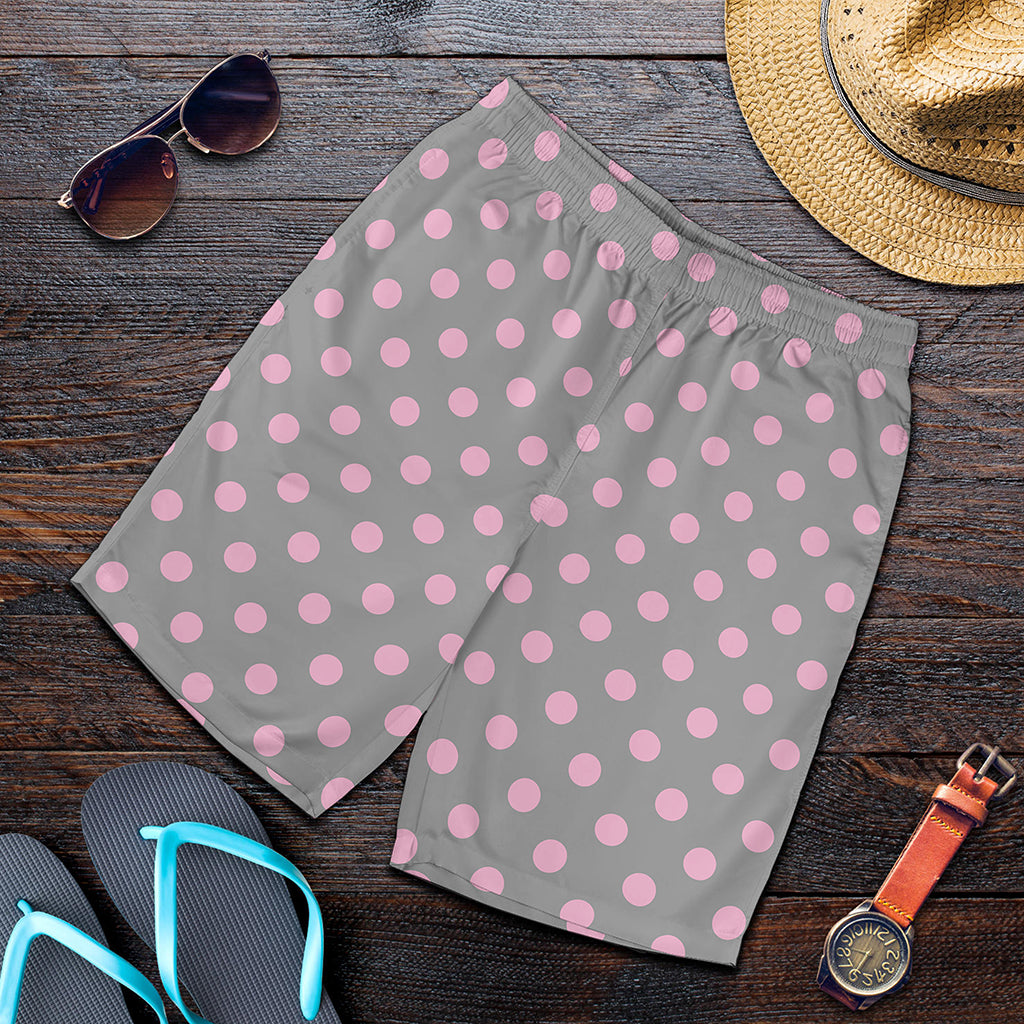 Grey And Pink Polka Dot Pattern Print Men's Shorts