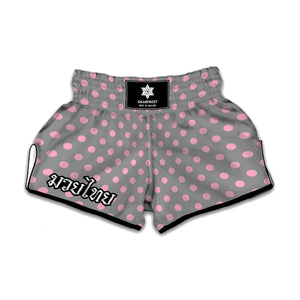 Grey And Pink Polka Dot Pattern Print Muay Thai Boxing Shorts