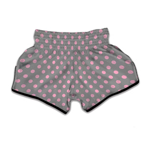 Grey And Pink Polka Dot Pattern Print Muay Thai Boxing Shorts