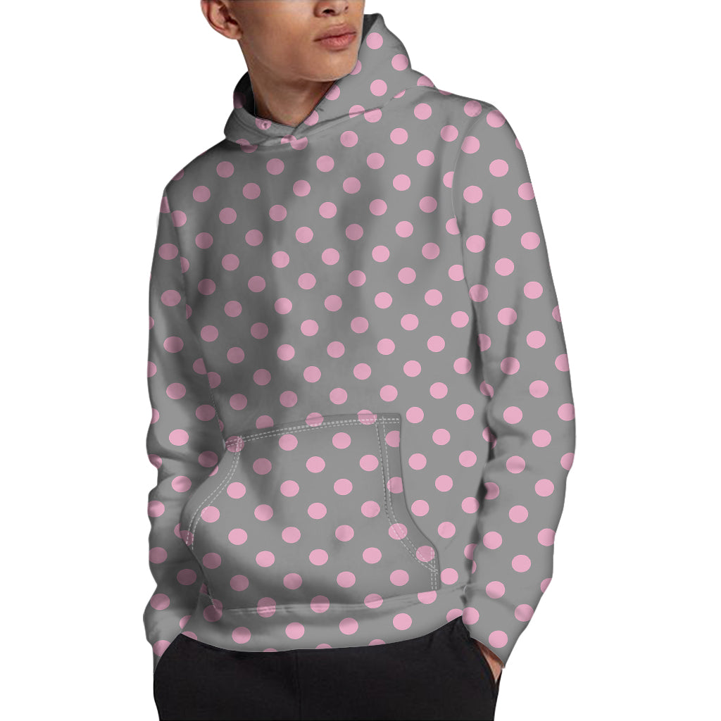 Grey And Pink Polka Dot Pattern Print Pullover Hoodie