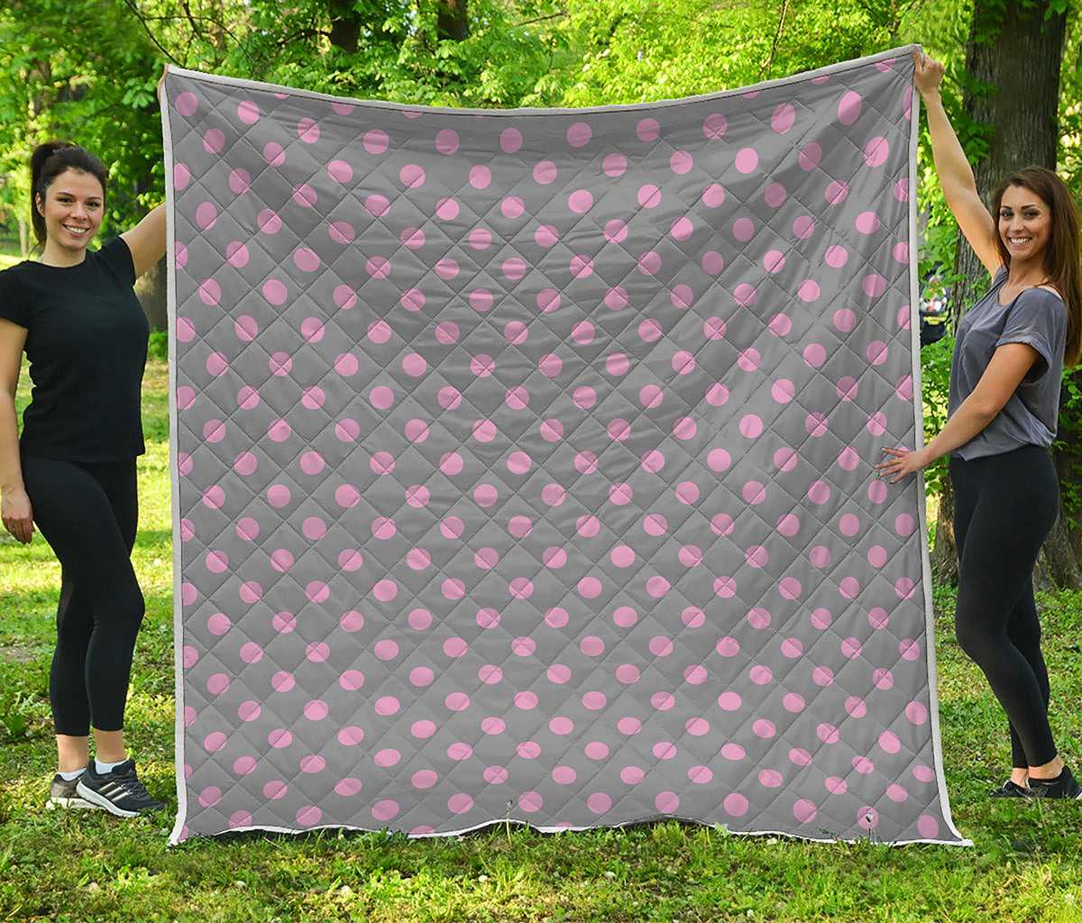 Grey And Pink Polka Dot Pattern Print Quilt