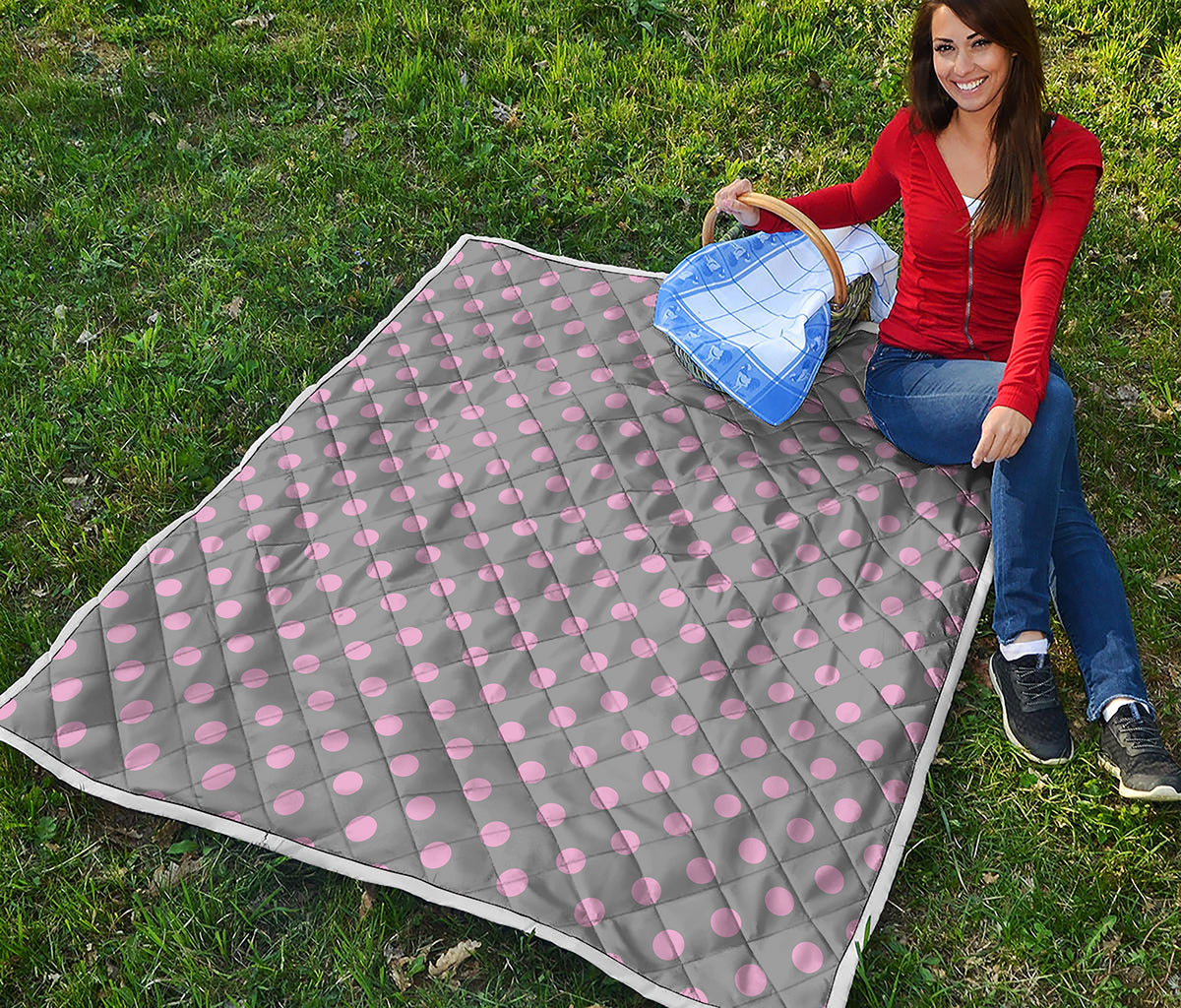 Grey And Pink Polka Dot Pattern Print Quilt