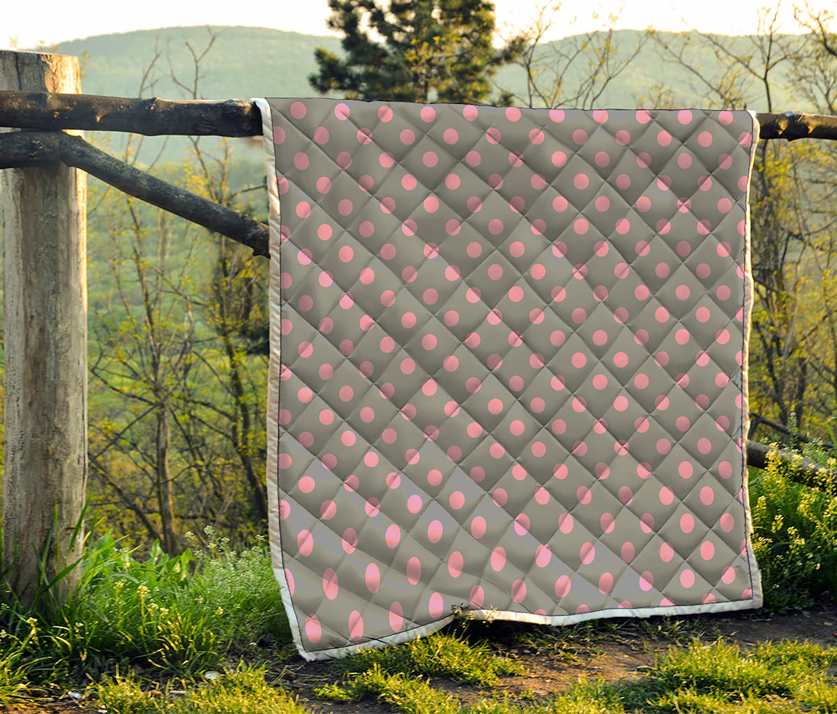 Grey And Pink Polka Dot Pattern Print Quilt