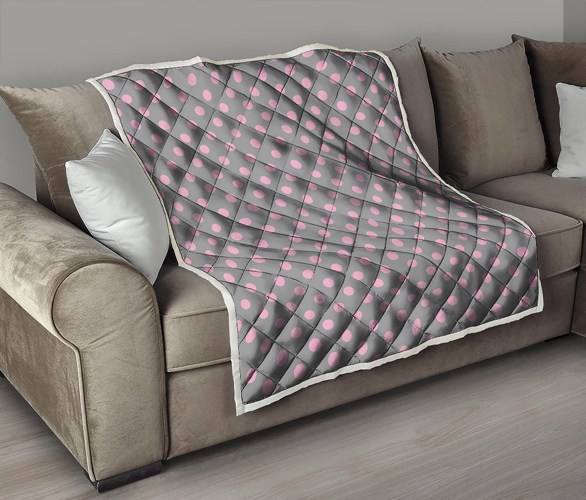 Grey And Pink Polka Dot Pattern Print Quilt