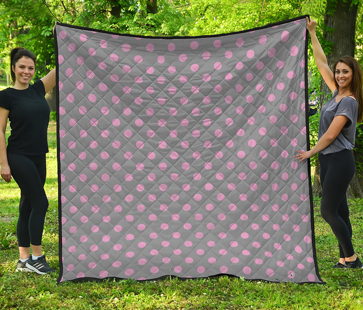 Grey And Pink Polka Dot Pattern Print Quilt