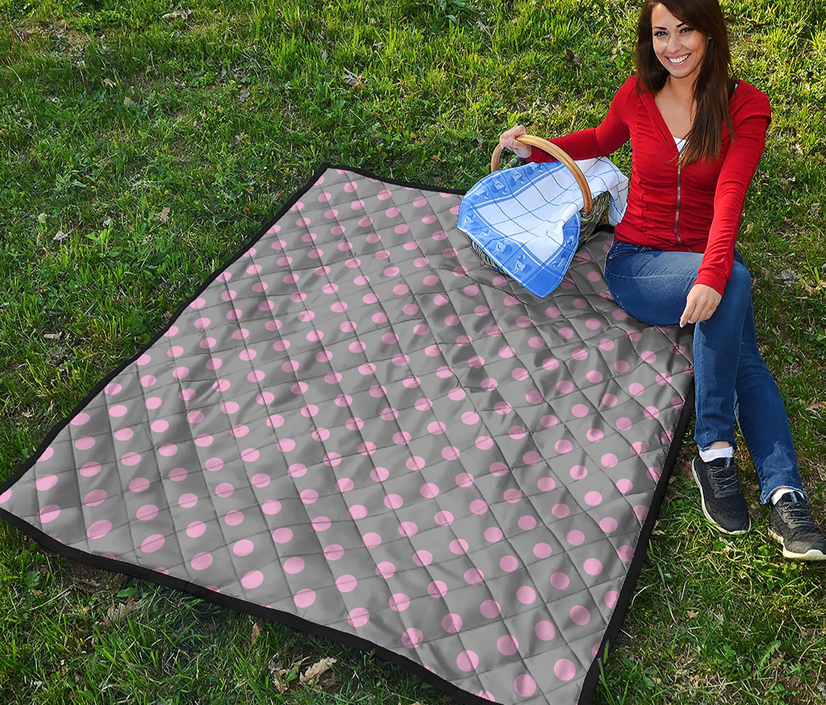 Grey And Pink Polka Dot Pattern Print Quilt