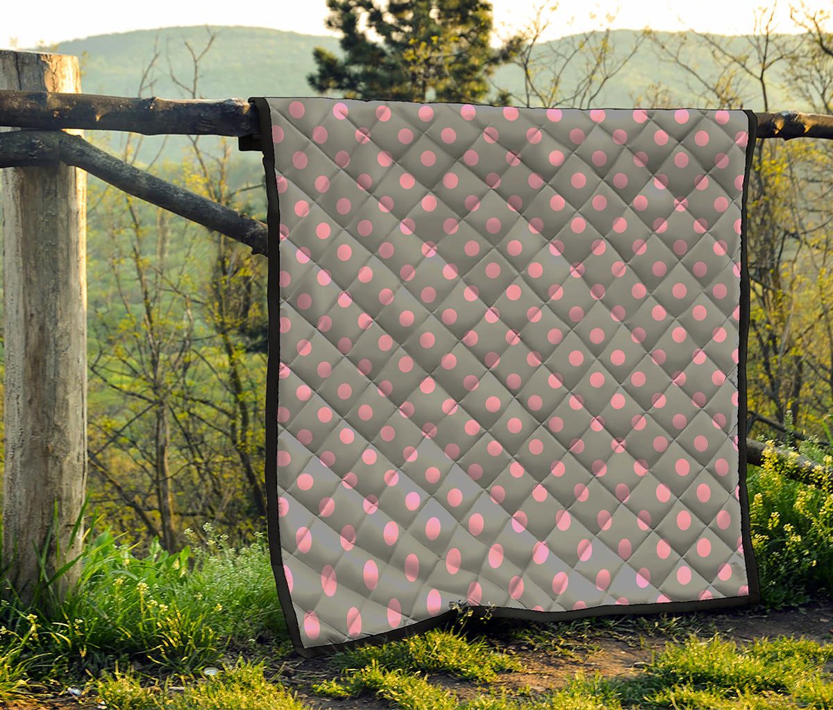 Grey And Pink Polka Dot Pattern Print Quilt