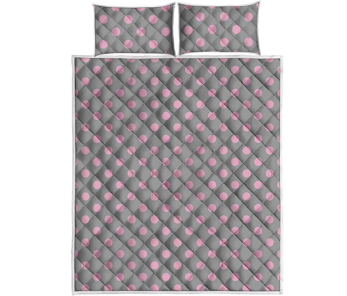 Grey And Pink Polka Dot Pattern Print Quilt Bed Set