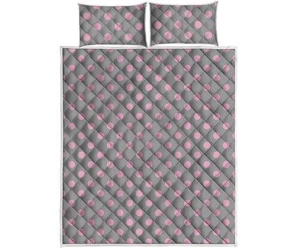 Grey And Pink Polka Dot Pattern Print Quilt Bed Set
