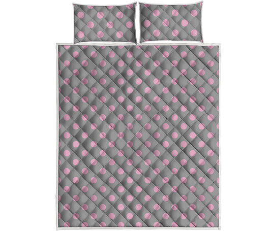 Grey And Pink Polka Dot Pattern Print Quilt Bed Set