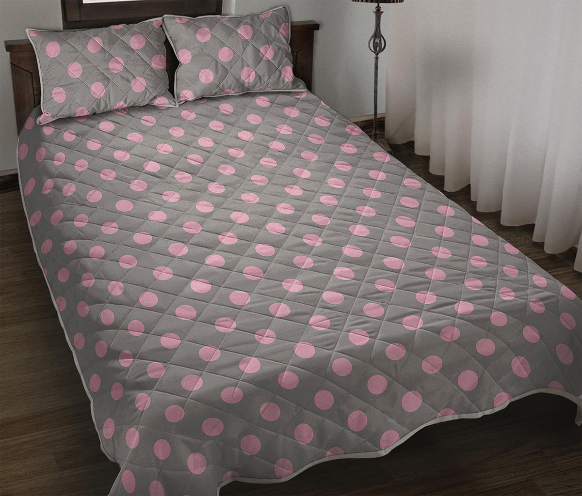 Grey And Pink Polka Dot Pattern Print Quilt Bed Set