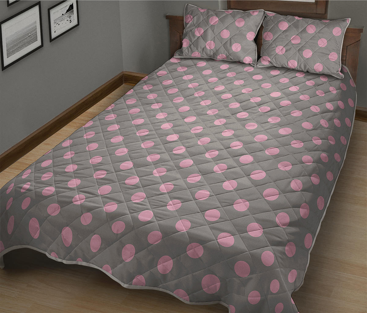 Grey And Pink Polka Dot Pattern Print Quilt Bed Set
